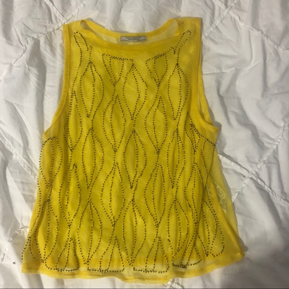 Zara yellow mesh embellished top
